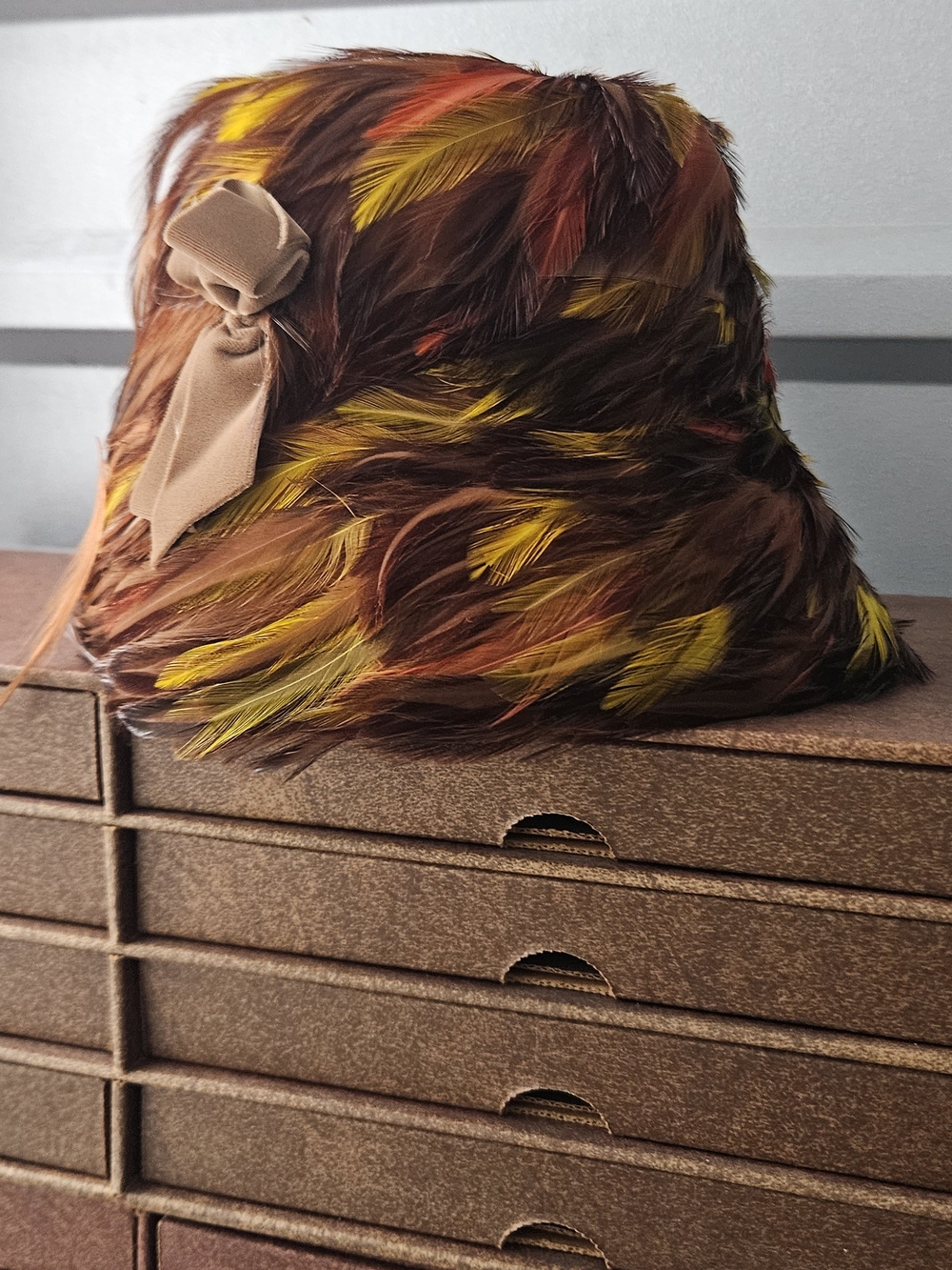 Feather Accent Bucket Bag - Brown & Yellow